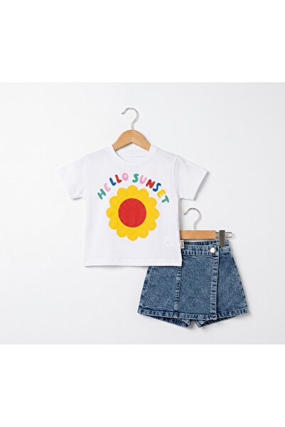 Bulut Sezen Alt Top-Sun Print Denim Set 2-Piece- Girls- White Yellow