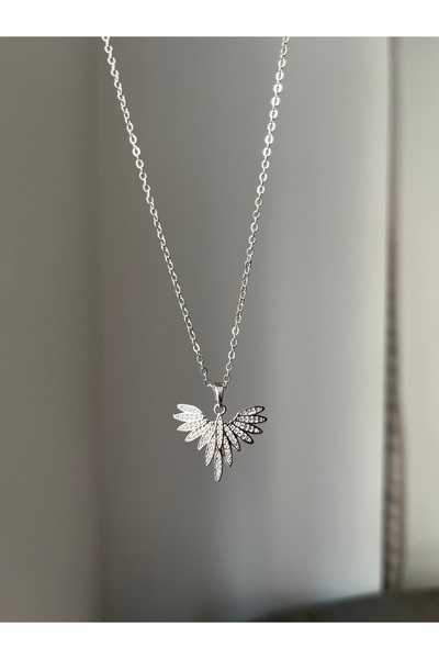 Rose and Light Silver Angel Wing Necklace