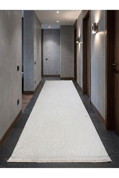 NaRStore Home Rölyef Saçaklı Krem Joy Modern Yumuşak Dokulu Kabartmalı Kaymaz Taban Kesme Halı Yolluk