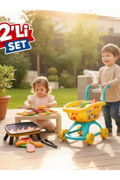 SAZE 2-Piece Toy Market Cart and Barbecue Set Children's Shopping Cart Barbecue Toy Set 3 Years+