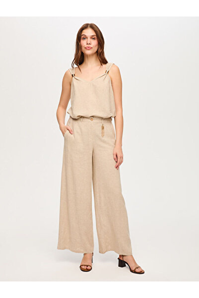 Faik Sönmez Wide Leg Fit Metal Aksesuarlı Keten Karışımlı Pantolon S26PNT034