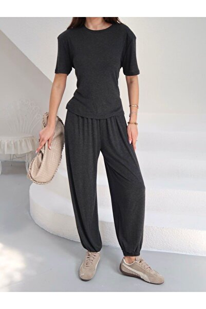 Tumtum Wear Anthracite Padded Waist Belted Top and Bottom Set with Elastic Cuffs