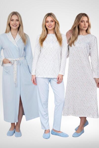 Mecit Pijama Mecit 6384 Blue Large Size Women's Dressing Gown Pajamas and Lon...