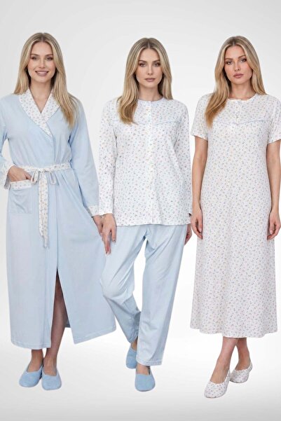 Mecit Pijama Mecit 6387 Blue Large Size Women's Dressing Gown Buttoned Pajama...