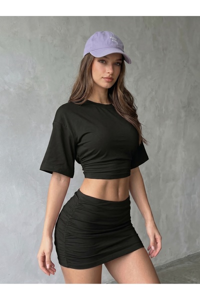 NİCE 2'Li Set Yazlık Kadın Beli Saran - Likralı Düşük Yarasa Kol Body Tee Crop Tişört