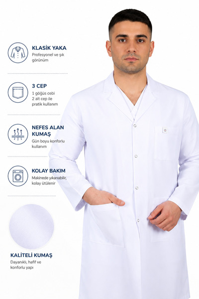 Beyaz Medikal Classic Collar Long Length Long Sleeve Men's Apron |   Work Apr...