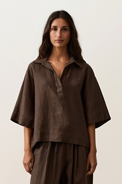 Oysho Oversize %100 keten kısa kollu gömlek