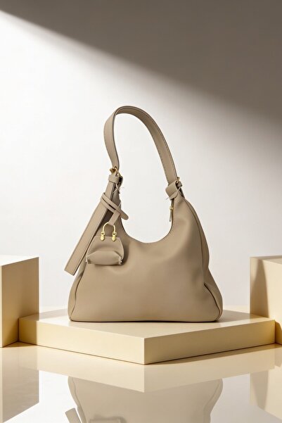 ents Women's Beige Baguette Shoulder Bag with Accessory Detail, Daily Stylish...