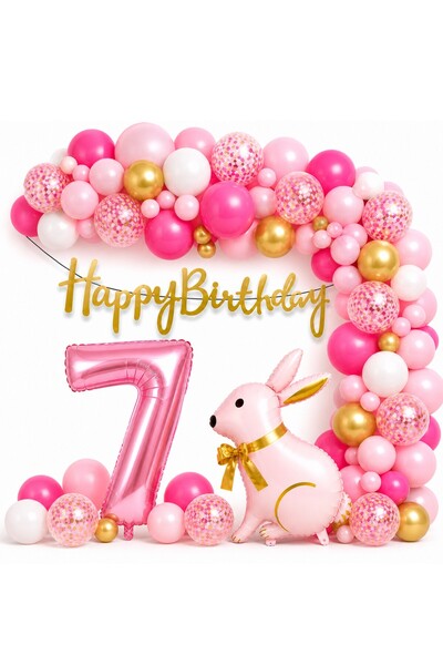 BKMC PARTY Pink Rabbit Birthday Set for 7 Years Old – Gold Balloon Chain Happ...