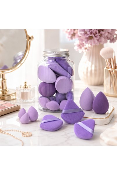 iTin Set bureți de machiaj mov cu Beauty Blender, bureți și recipient, pentru fond de ten și pudră