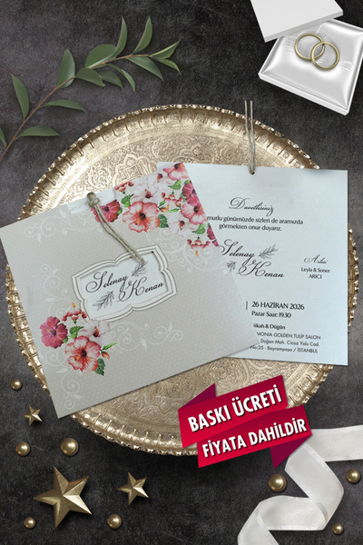 Cem Davetiye Düğün Nişan Nikah Kına Davetiyesi 3420 (100 ADET) Baskı Dahil