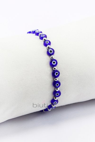 biuti Lacivert Cam 6mm Nazar Boncuklu Asansörlü Bileklik, Hediyelik Gümüş Ren...