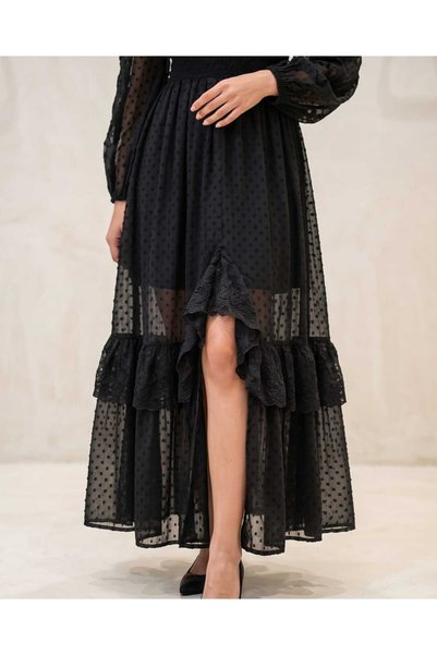 İthal Women's Polka Dot Tulle Detailed Stylish White Dress with Short Slit on the Front and Long Back