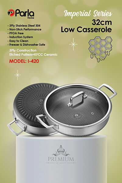 parlahome Imperial Series 32Cm Shallow Casserole, 3Ply Stainless Steel 304, Full Non-stick, Etched Pattern+KFCC Ceramic coating, Induction based, PFOA-Free.