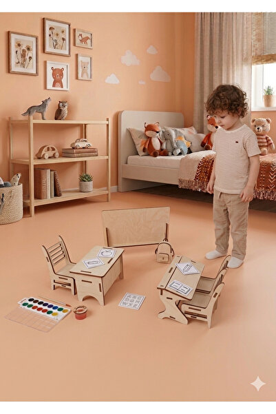 My Kids Room Ahşap Mini Okul Sınıf Seti - Boyanabilir Montessori Oyuncak - Mi...