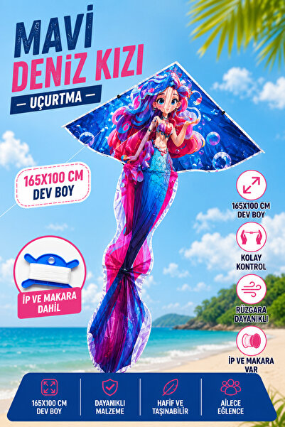 YILDIRIM OYUNCAK Dev Mavi Deniz Kızı Tasarımlı Uçurtma 165x100 cm Boyutunda 5...