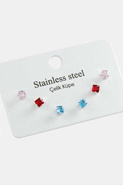ZERO LAND Ilkeshop 6 Pcs Square Zircon Single Stone (225945) Steel Earrings-C...