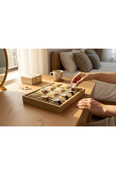 İmpala Kutu Watch and Jewelry Stand with 12 Compartments, Suede Fabric Coveri...