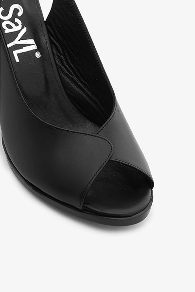 SAYL Black Genuine Leather Women's Wedge Heeled Sandals