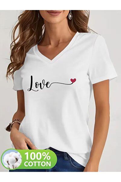 puolikuu Tricou cu decolteu în V, confortabil, cu imprimeu mixt, pentru femei