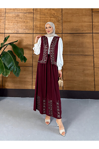 Miss Allos Kadın Boncuk İşlemeli Dökümlü Yelek Etek Modal Takım