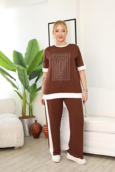 Siyezen Plus Size Stone-Fronted Modal Fabric Brown Set