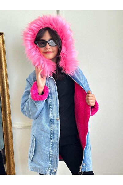 Burçak Butik Girl's Hooded Plush Fur Denim Coat