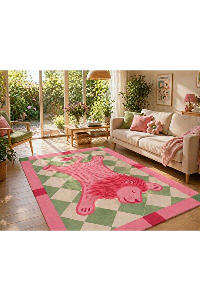 Rugs Modern Halı Sevimli Pembe Aslan Figürlü Baklava Desenli Yeşil Krem Dokum...
