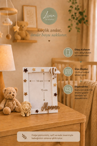 Liora3dStudio Kişiye Özel İsimli Çocuk Bebek Fotoğraf Çerçevesi 10x15 Dekorat...