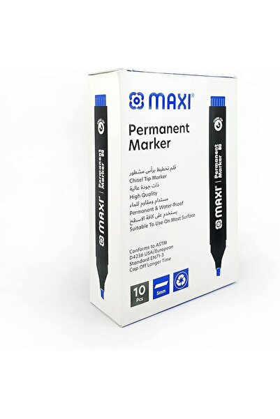 MAXİ قلم تحديد دائم برأس إزميل، علبة تحتوي على 10 قطع، لون أزرق
