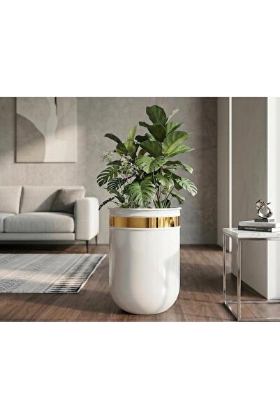 evdeniste Dekoratif Glossia 45 cm Beyaz Gold Darbuka Saksı