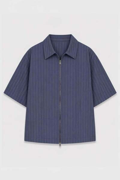 VAMOSCLO Lyocell Blend Striped Zipper Linen Shirt Indigo