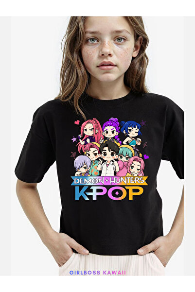 Girlboss Kawaii Demon Hunters siyah crop t-shirt , iblis avcıları , huntrix ,...