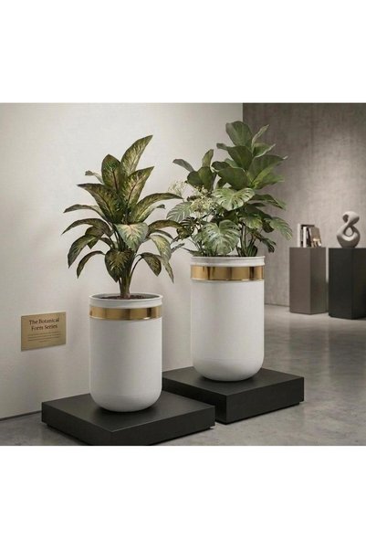evdeniste Dekoratif Glossia Beyaz Gold 55 cm Ve 45 cm İkili Saksı SET