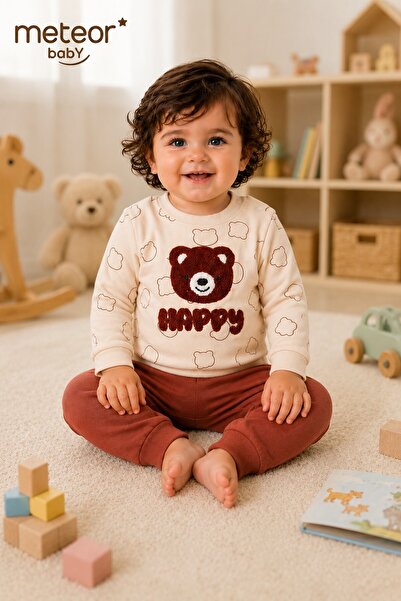 METEOR BABY Baby Boy 2-Piece Set Teddy Bear Embroidered Top and Bottom Season...