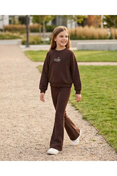 LCW STEPS Brown New York Printed Girls' Soft Touch Sweatshirt and Leggings