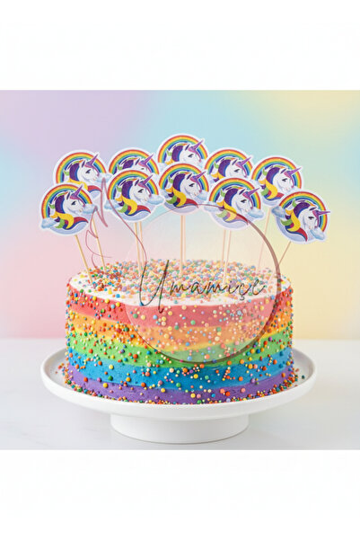 Umamiçe Unicorn Gökkuşağı Pasta Süsü 16 Adet | Doğum Günü, Parti ve Cupcake K...