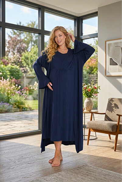 Lohusa Homewear Νέα σεζόν Navy Blue Καλοκαιρινό Σετ Νυχτικό Εγκυμοσύνης Ολόσω...