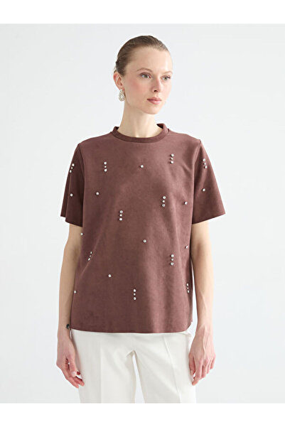 LC Waikiki Crew Neck Stone Suede Look Blouse