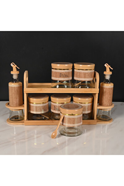 Generic Glass Spice Jars with Wooden Stand Set of 8 Pieces Practical Design f...