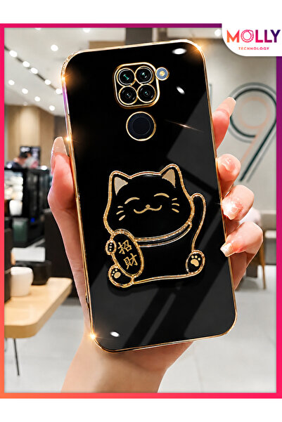 Molly REDMİ NOTE 9 İçin Siyah Kenarları Gold Detaylı Şans Kedisi Standlı Lüks...
