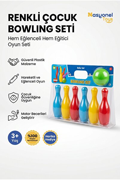 NASYONEL TOYS Çocuklar İçin Renkli Bowling Oyuncak Seti Toplu ve 6 Labutlu Eğ...