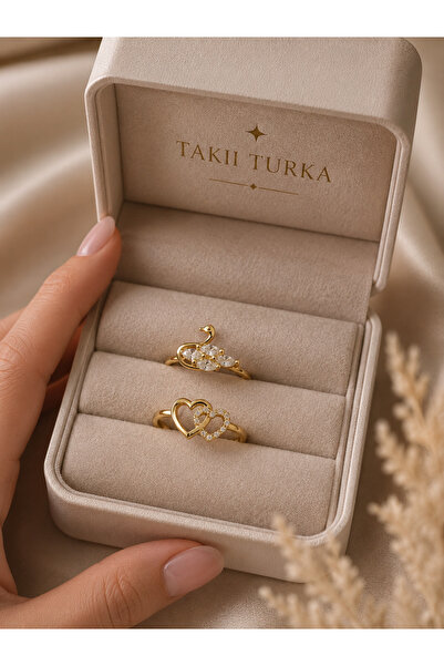 TAKII TURKA 316L Çelik Altın Kaplama Ayarlanabilir Kuğu ve Kalp Figürlü İkili...