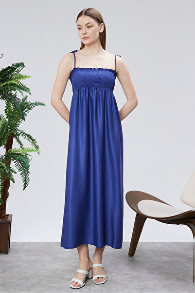 Modabenna Patterned Cotton Long Summer Dress with Straps, Shoulder Tie, Gathe...