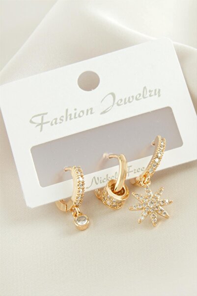 ZERO LAND Ilkeshop 3 Pcs Star Zircon Stone (15807) Earrings-Silver Color