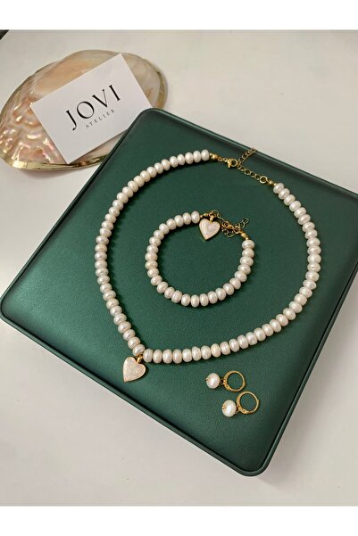 JOVİ ATELİER Doğal Rondela Kadın İnci Kolye Bileklik Küpe Seti | Kalp Charm