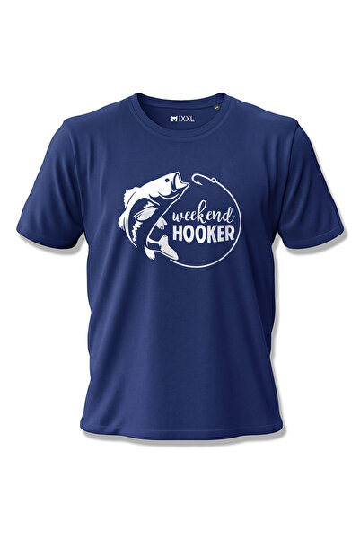 North Whiskers Weekend Hooker Fish Printed 100% Cotton Navy Blue Outdoor T-Shirt