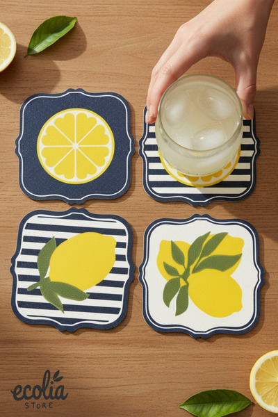 ecolia store Set of 4 Lemon Patterned Coasters Kitchen Decor Coffee Cup Coast...