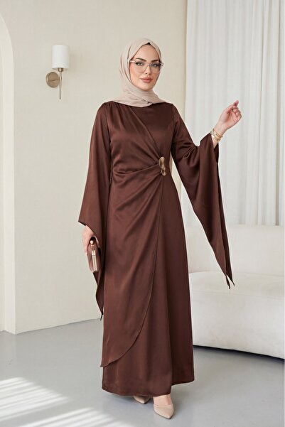 Modamorfo Buckle Detailed Double Layered Asymmetrical Sleeve Satin Evening Dr...