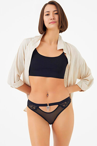 Homay Lace Edged Transparent Tulle Brazilian Panties with Stone Accessory Det...